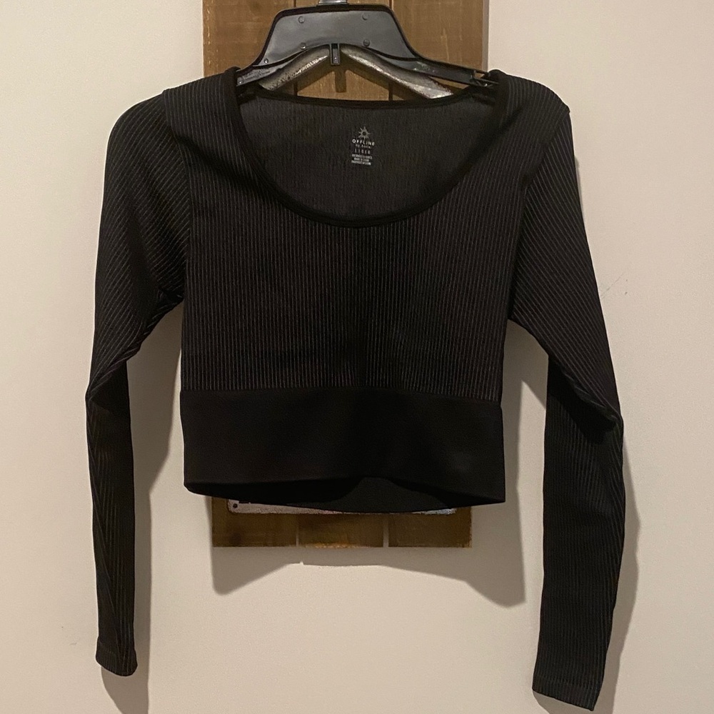 Aerie Black Ribbed Long Sleeve Crop Top